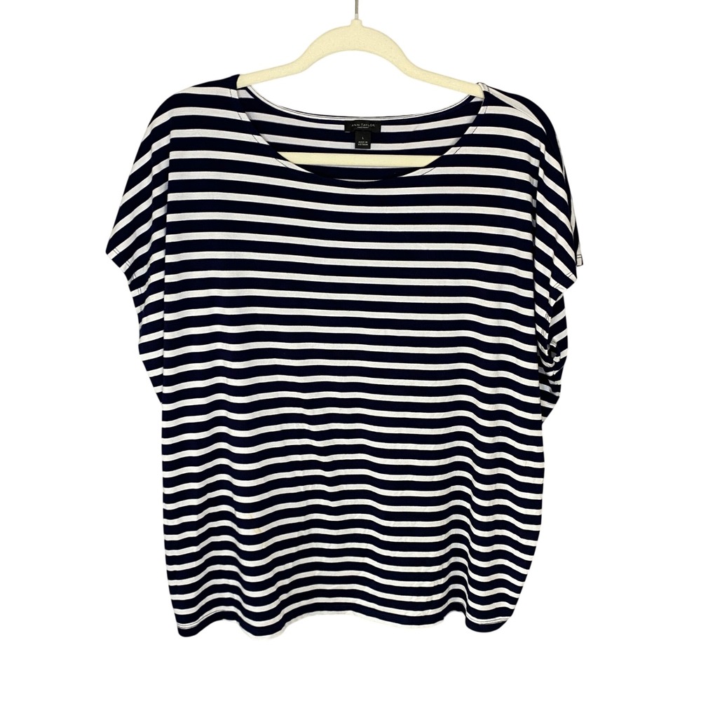 Ann Taylor Factory Navy White Striped Dolman Sleeve Scoop Neck Top Large